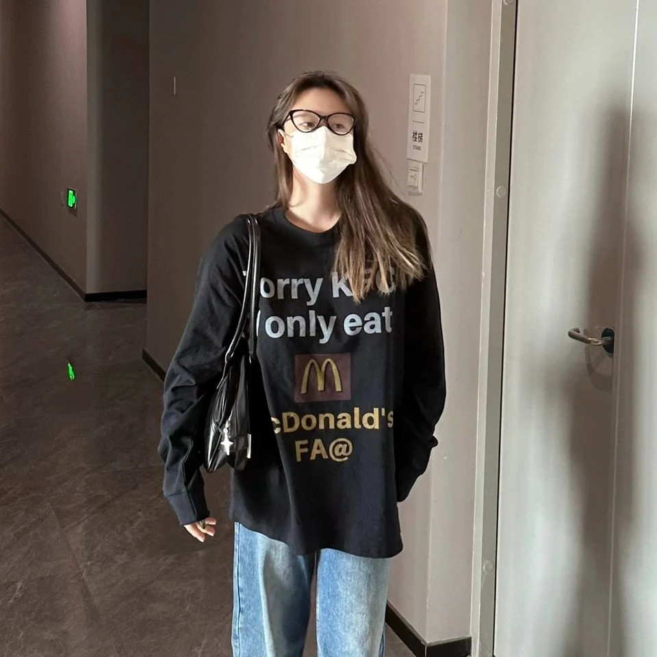 CKKOR春秋新款国潮美式字母印花圆领长袖t恤女时尚潮牌设计感上衣