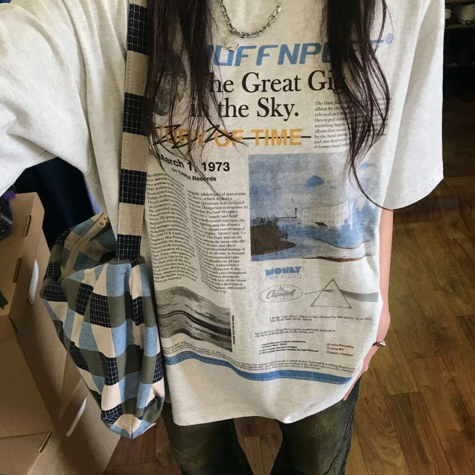 CKKOR纯棉短袖燕麦色夏季新宽松画报图案印花小众休闲设计感上衣