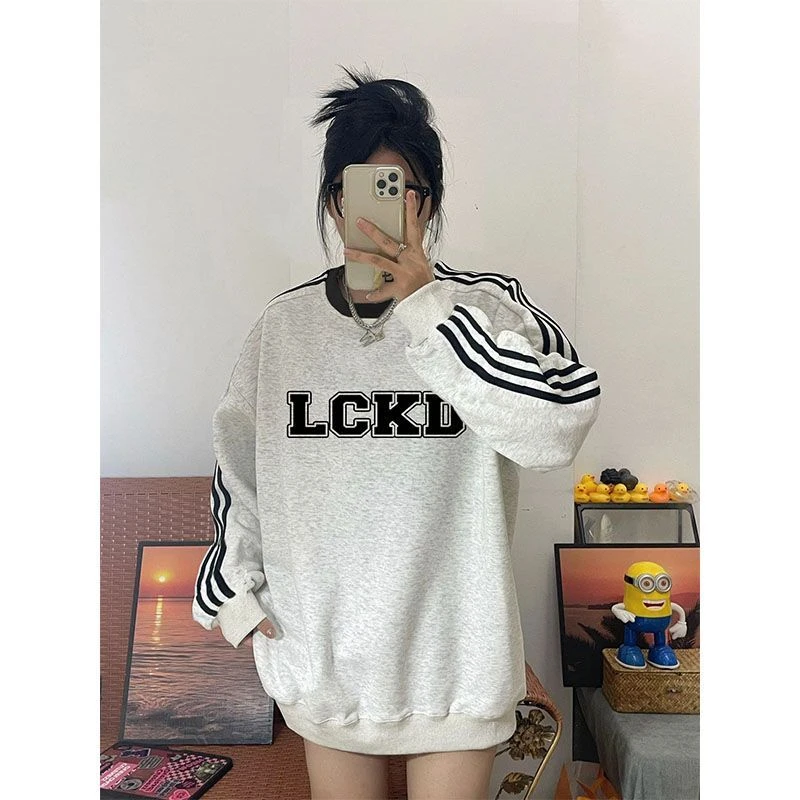 白灰色三条杠卫衣加绒加厚女潮牌字母印花春秋季宽松百搭长袖休闲