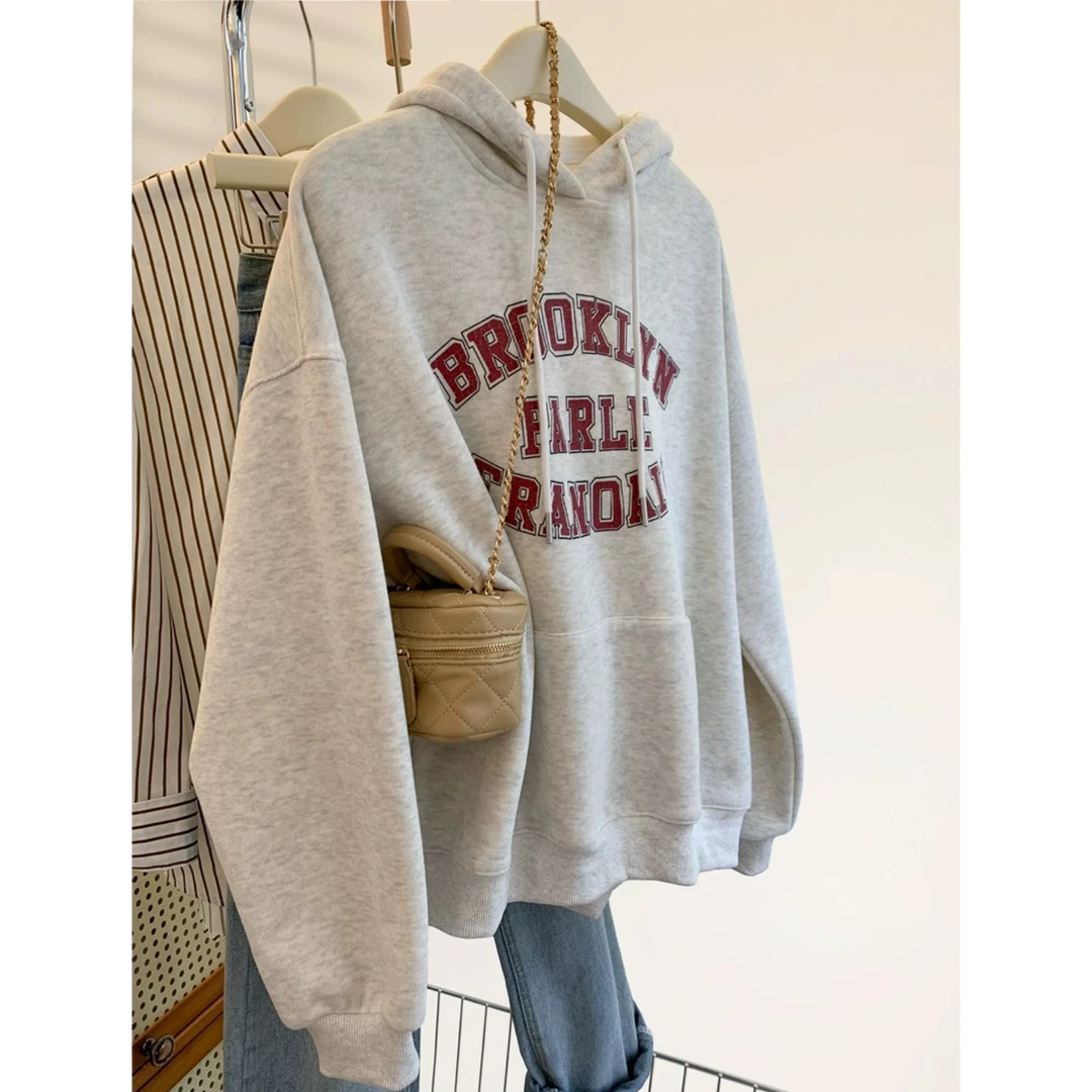 美式百搭印花连帽春秋卫衣加绒加厚女宽松慵懒风卫衣韩版休闲长袖