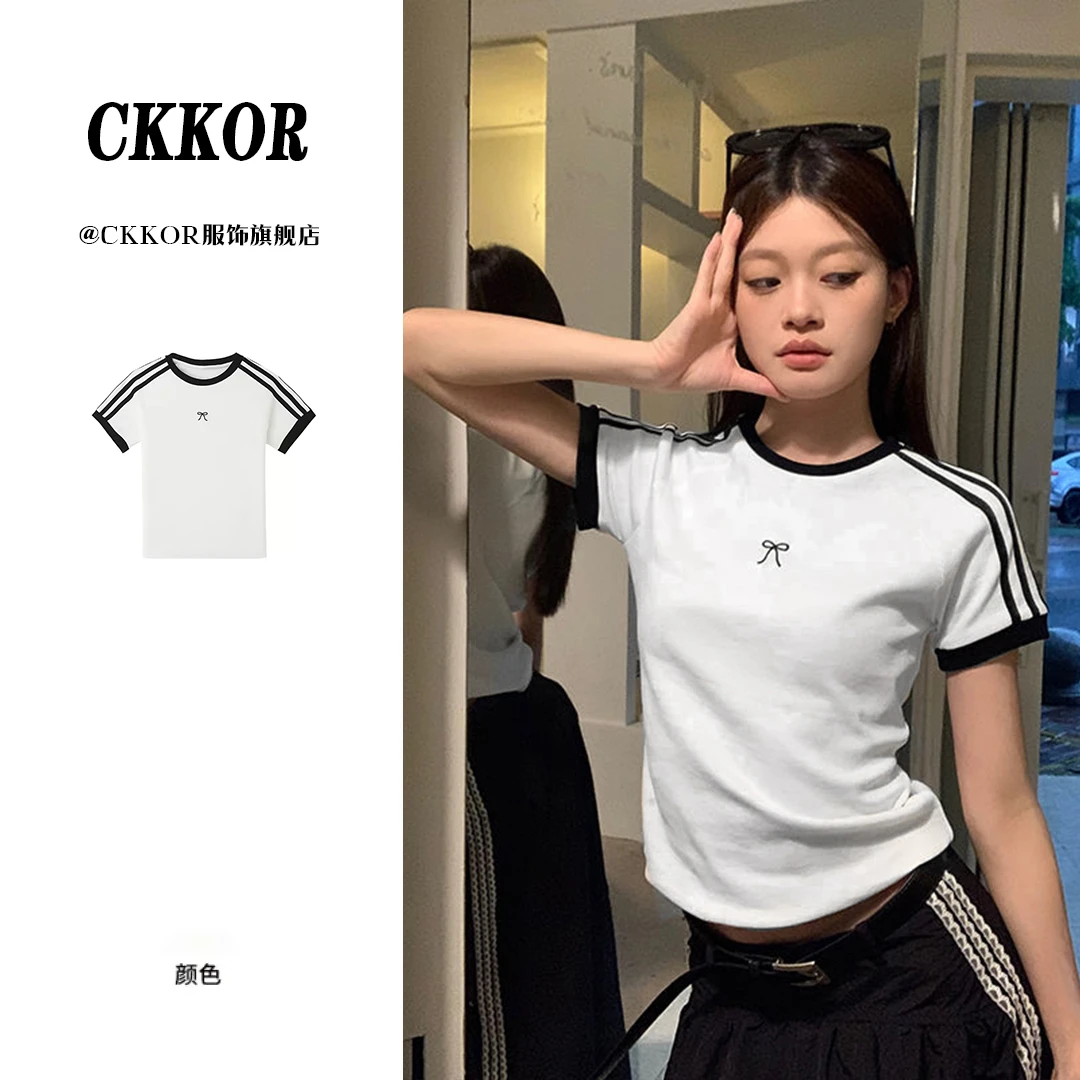 CKKOR夏季新款正肩短袖t恤女韩版休闲设计感小众修身显瘦圆领上衣