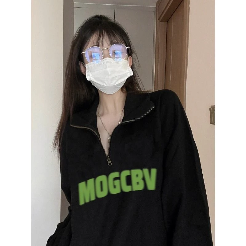 CKKOR复古polo领卫衣女春秋款加绒加厚宽松半拉链翻领长袖上衣ins