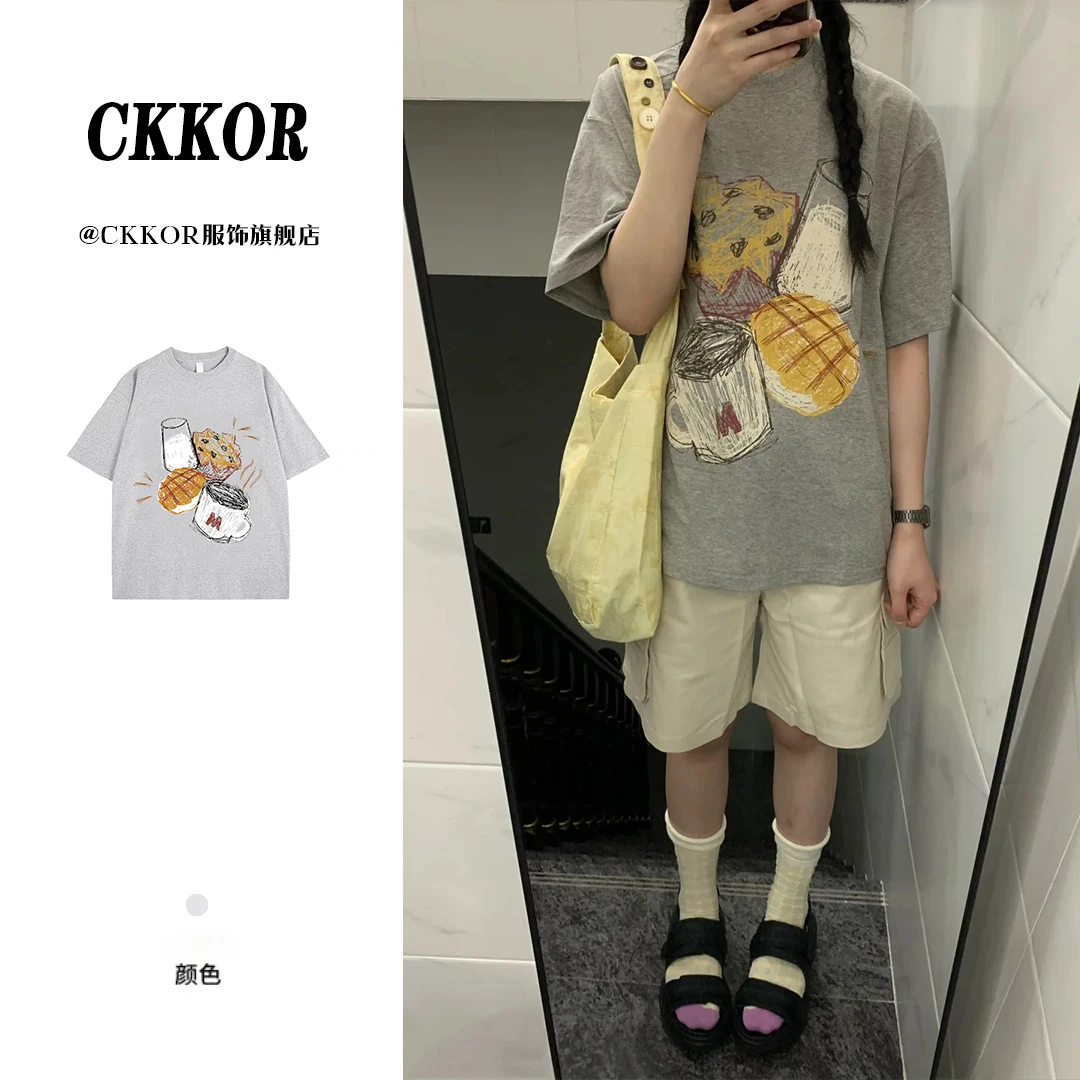 CKKOR夏季新款宽松慵懒风短袖t恤女美式休闲风印花浅灰色圆领上衣