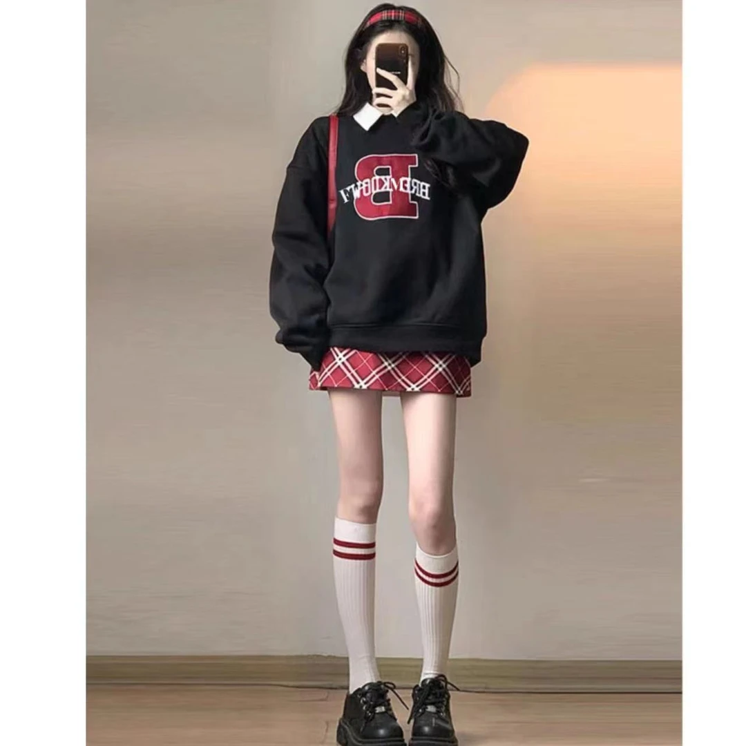 CKKOR春秋款宽松长袖休闲服加绒加厚百搭ins风圆领卫衣女oversize