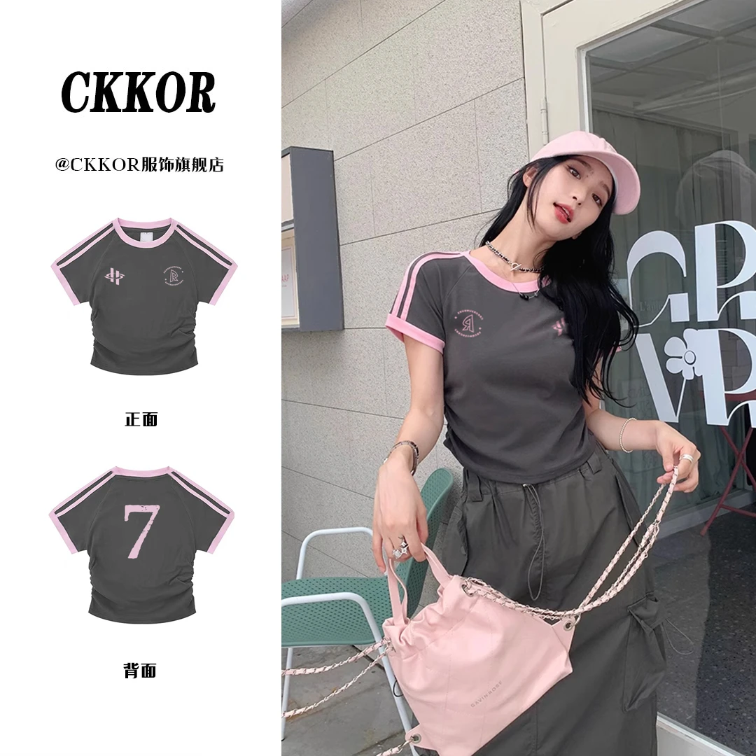 CKKOR夏季时尚运动风少女粉色印花女款短袖t恤褶皱收腰显瘦设计感