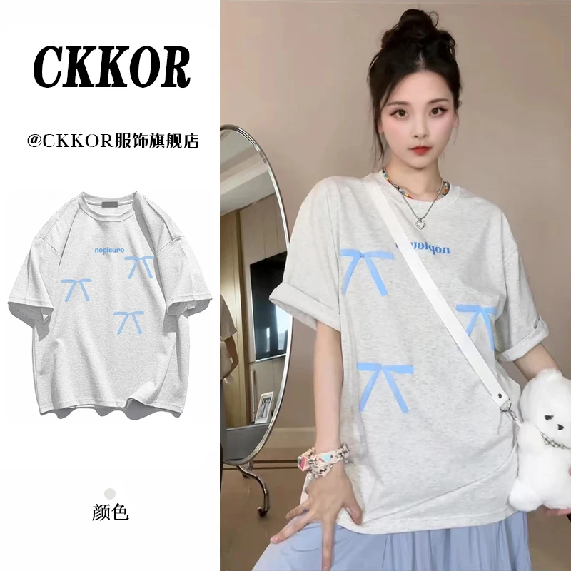 CKKOR夏新款蝴蝶结印花慵懒风短袖t恤女雅丹风时尚设计感圆领上衣