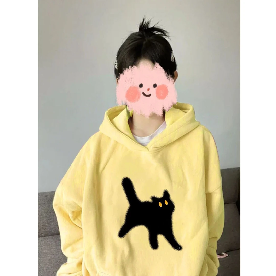 CKKOR美式复古黄色卡通猫咪连帽卫衣女宽松气质独特休闲百搭上衣