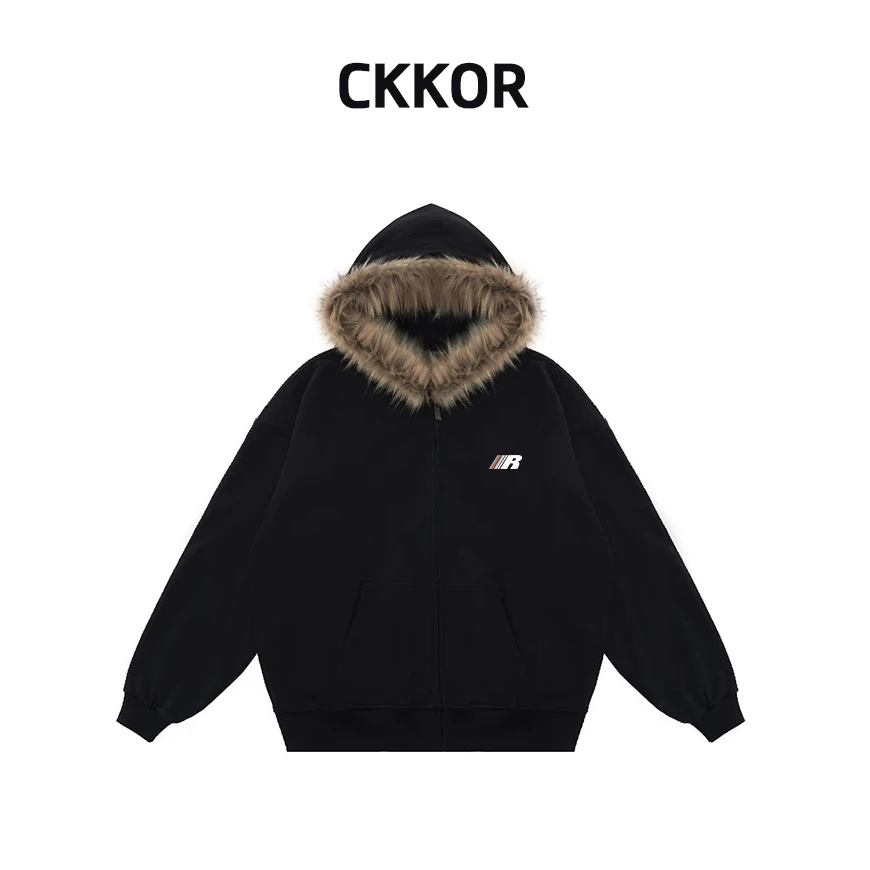 CKKOR女生春秋装保暖加绒加厚毛领棉服外套女美式中长款连帽卫衣