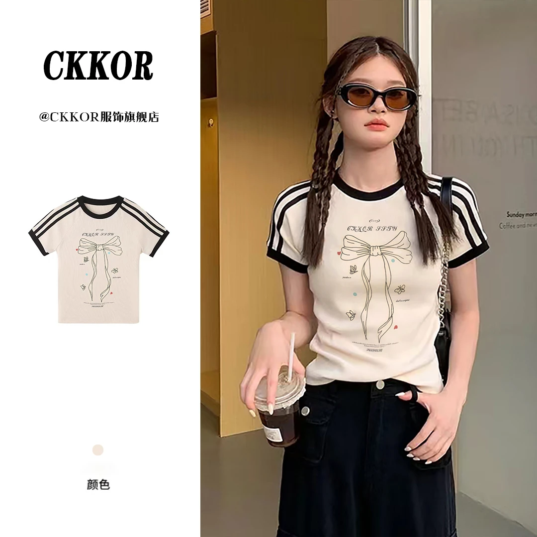 CKKOR三条杠时尚潮流设计感夏季短袖女圆领印花宽松百搭休闲上衣