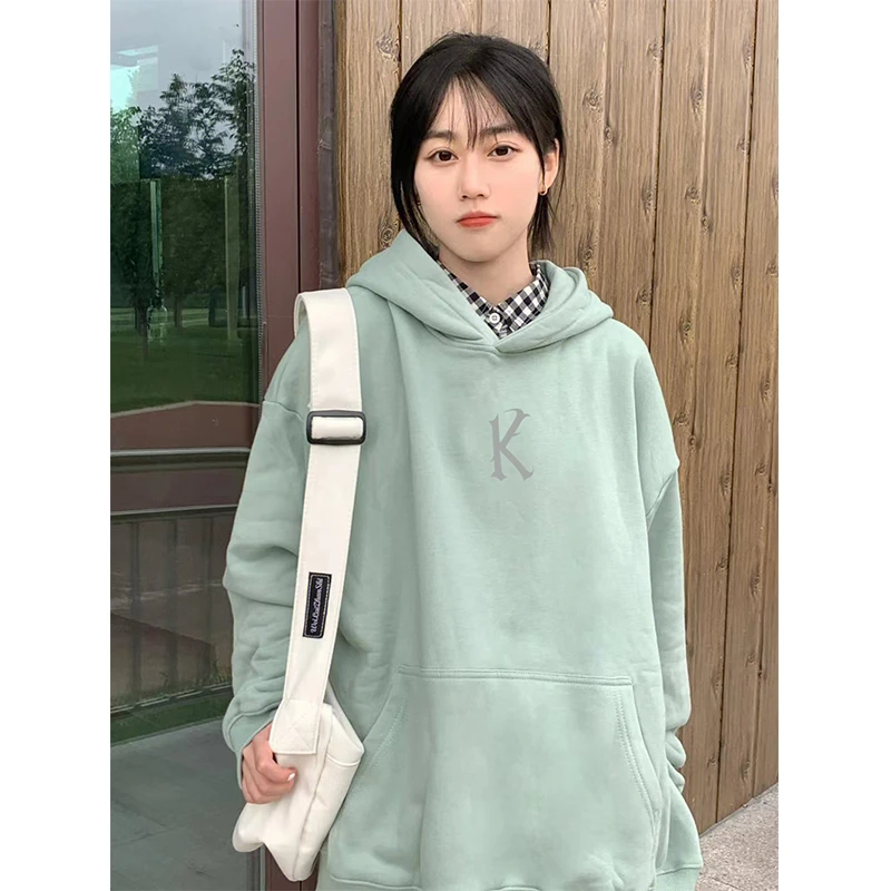 字母K印花连帽美式卫衣女春秋薄荷曼波韩版百搭宽松加绒加厚上衣