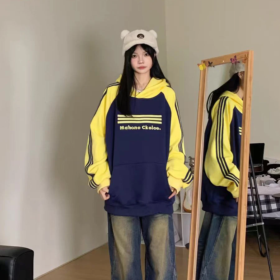 CKKOR美式三条杠连帽卫衣女休闲时尚宽松春秋长袖学生百搭撞色款