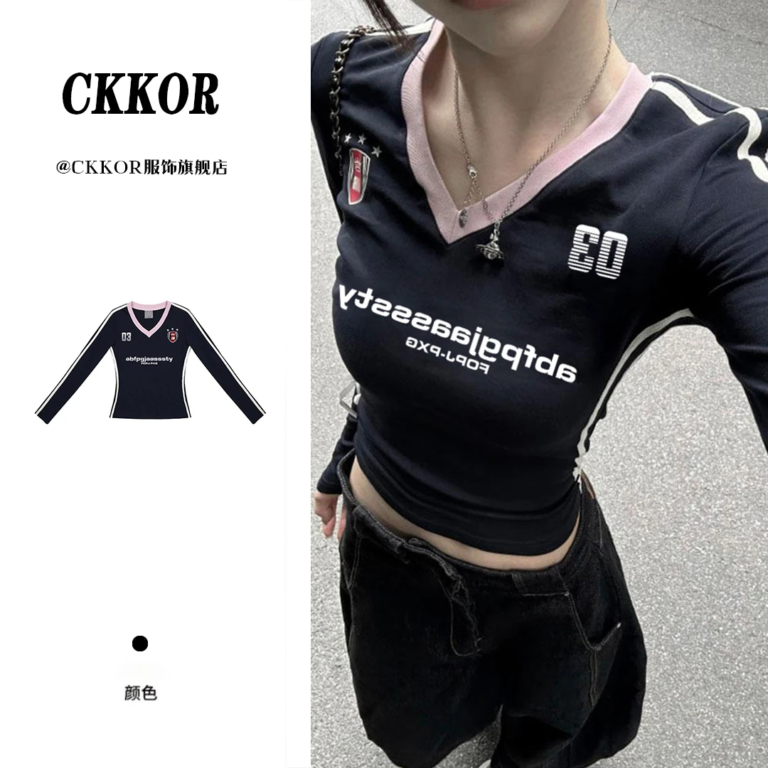 CKKOR美式设计感修身显瘦长袖t恤女春秋季时尚辣妹运动风短款上衣