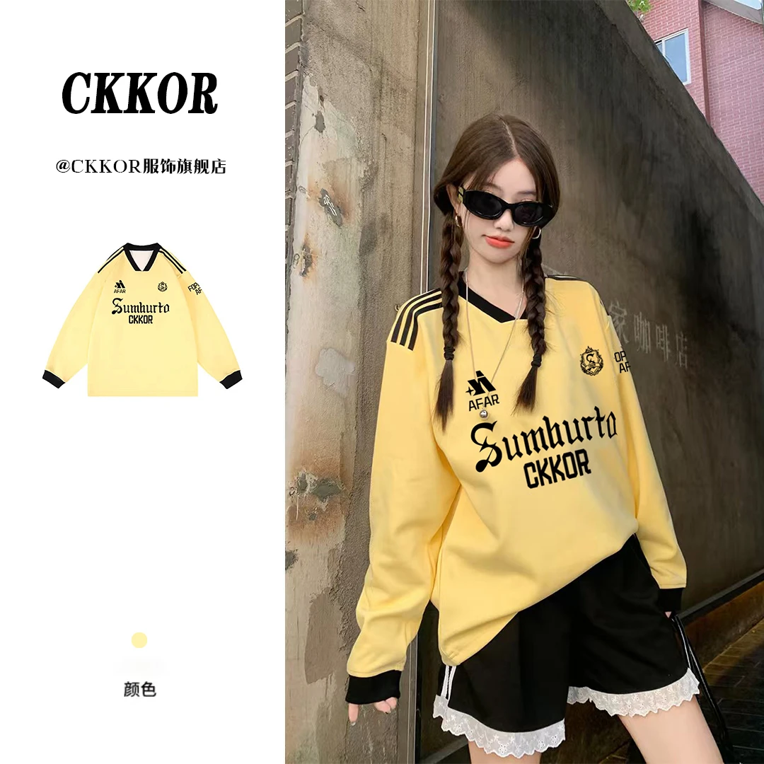 CKKOR秋冬新款学生潮牌v领卫衣男女美式时尚设计感印花运动风上衣