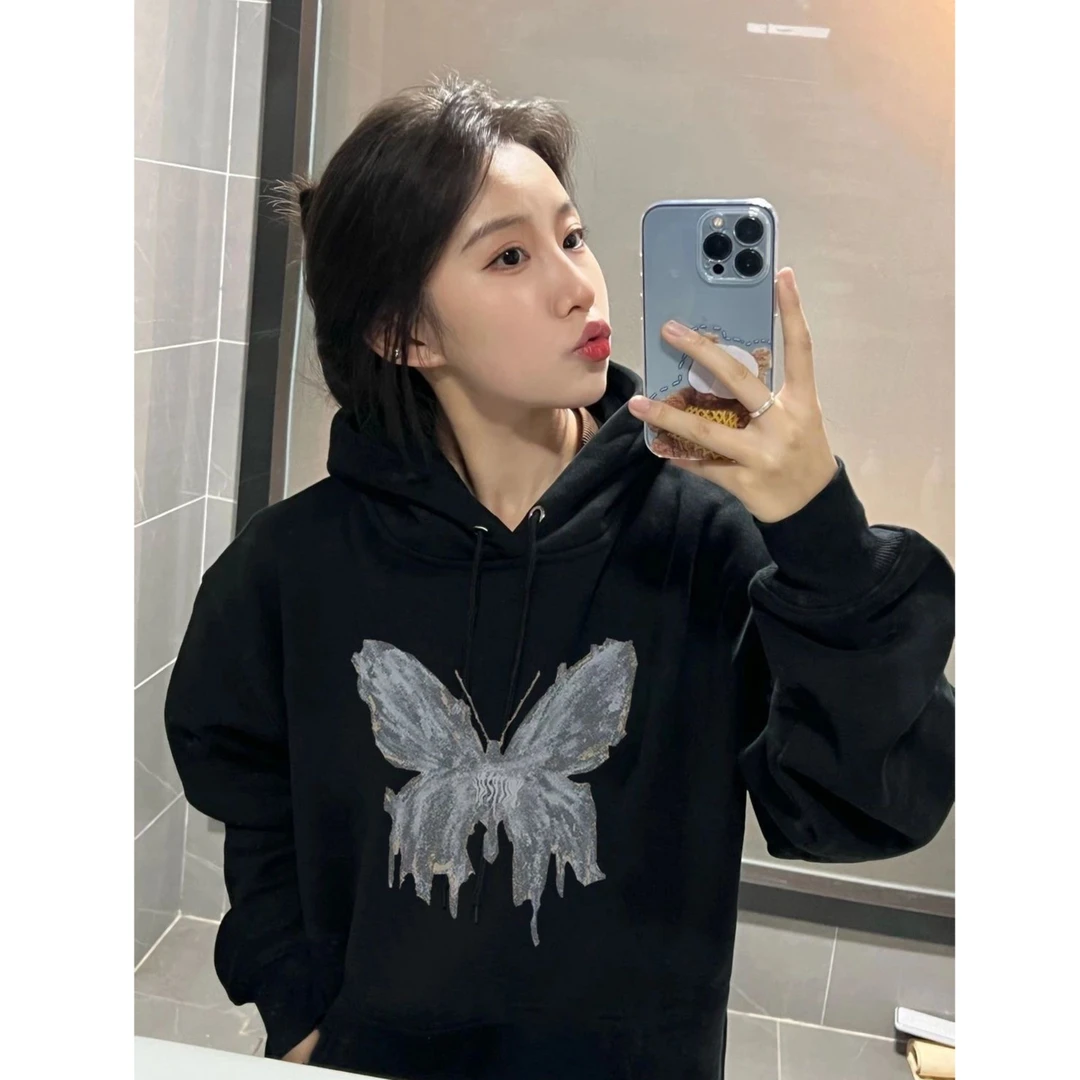 美式复古春秋季黑色连帽加绒加厚卫衣女宽松蝴蝶印花休闲百搭长袖