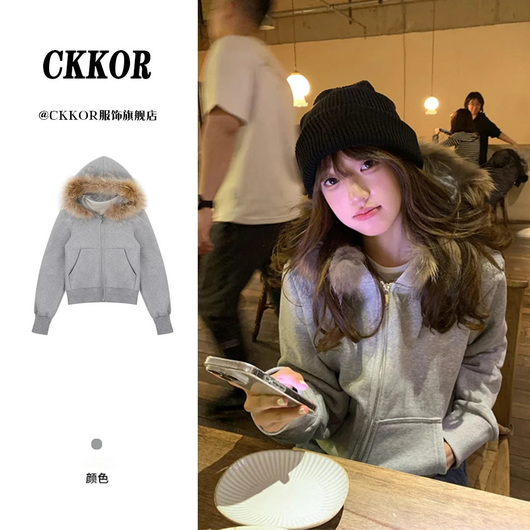 CKKOR春秋新款防寒保暖短款毛领棉服外套女加绒加厚韩版连帽卫衣