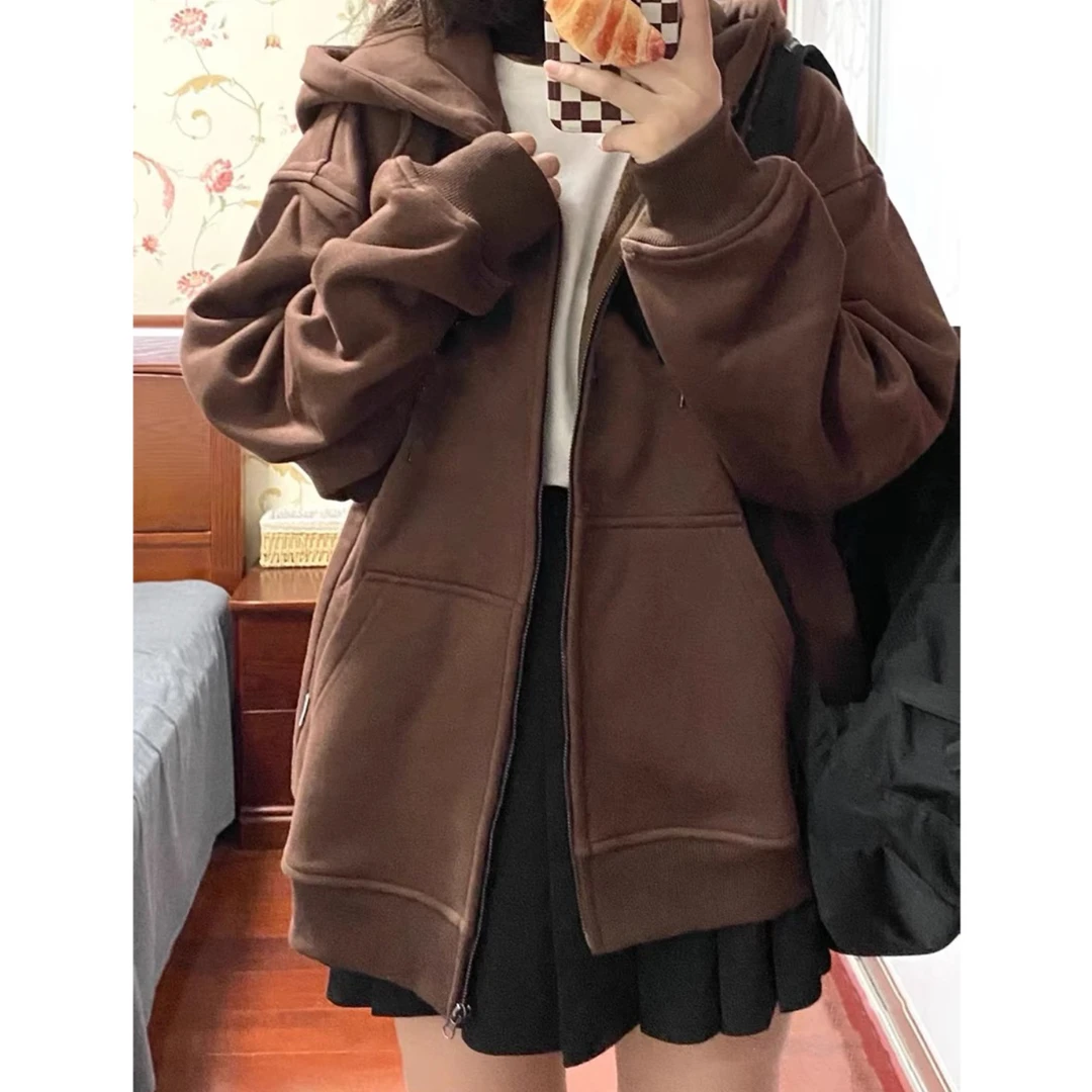 CKKOR咖色连帽开衫拉链外套卫衣女春秋季新款宽松帽衫加绒慵懒风