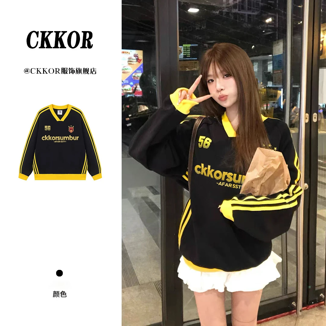 CKKOR春秋新款字母印花薄款卫衣女美式复古三杠运动风V领长袖上衣