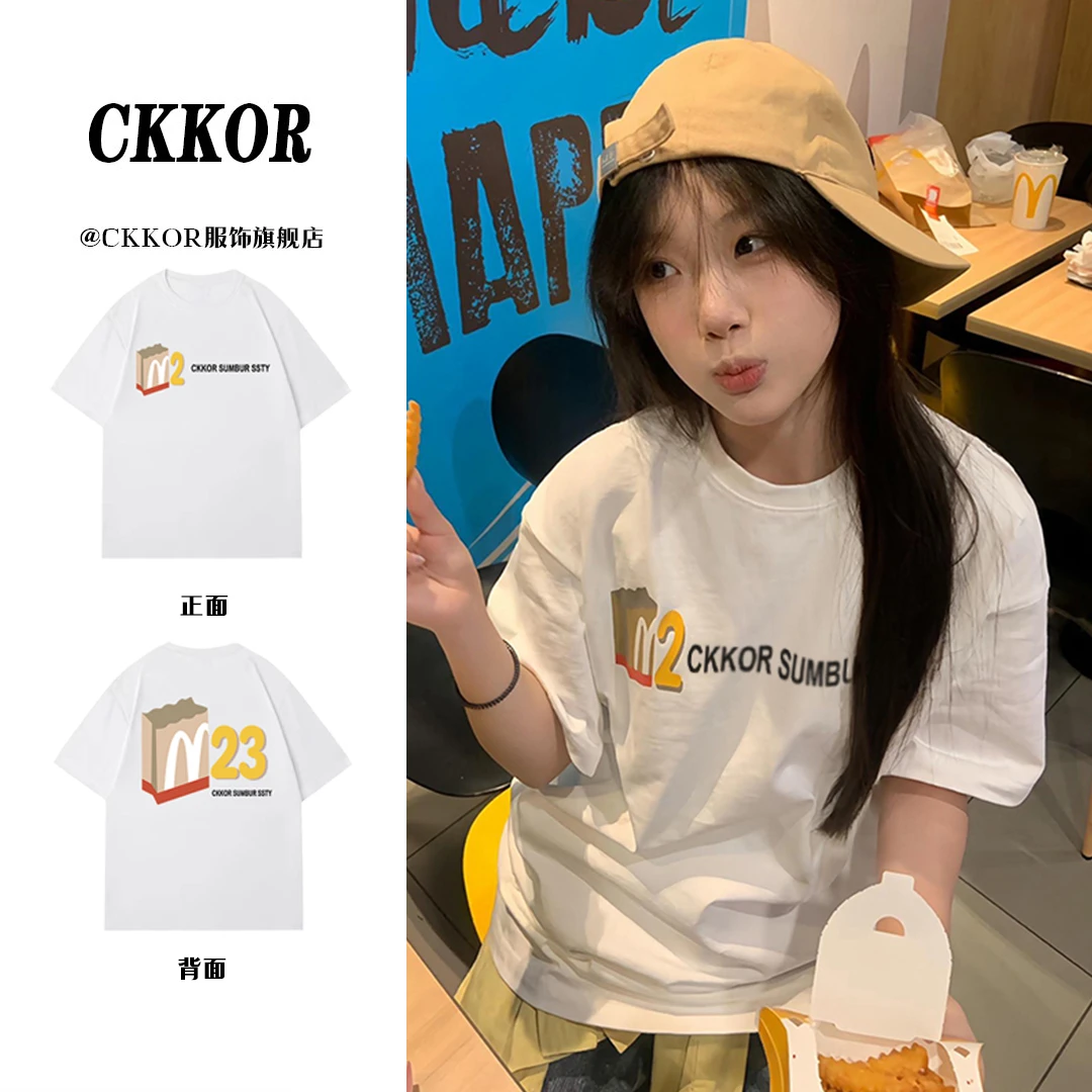 CKKOR夏季新款时尚洋气高档短袖t恤美式印花清凉休闲百搭圆领上衣