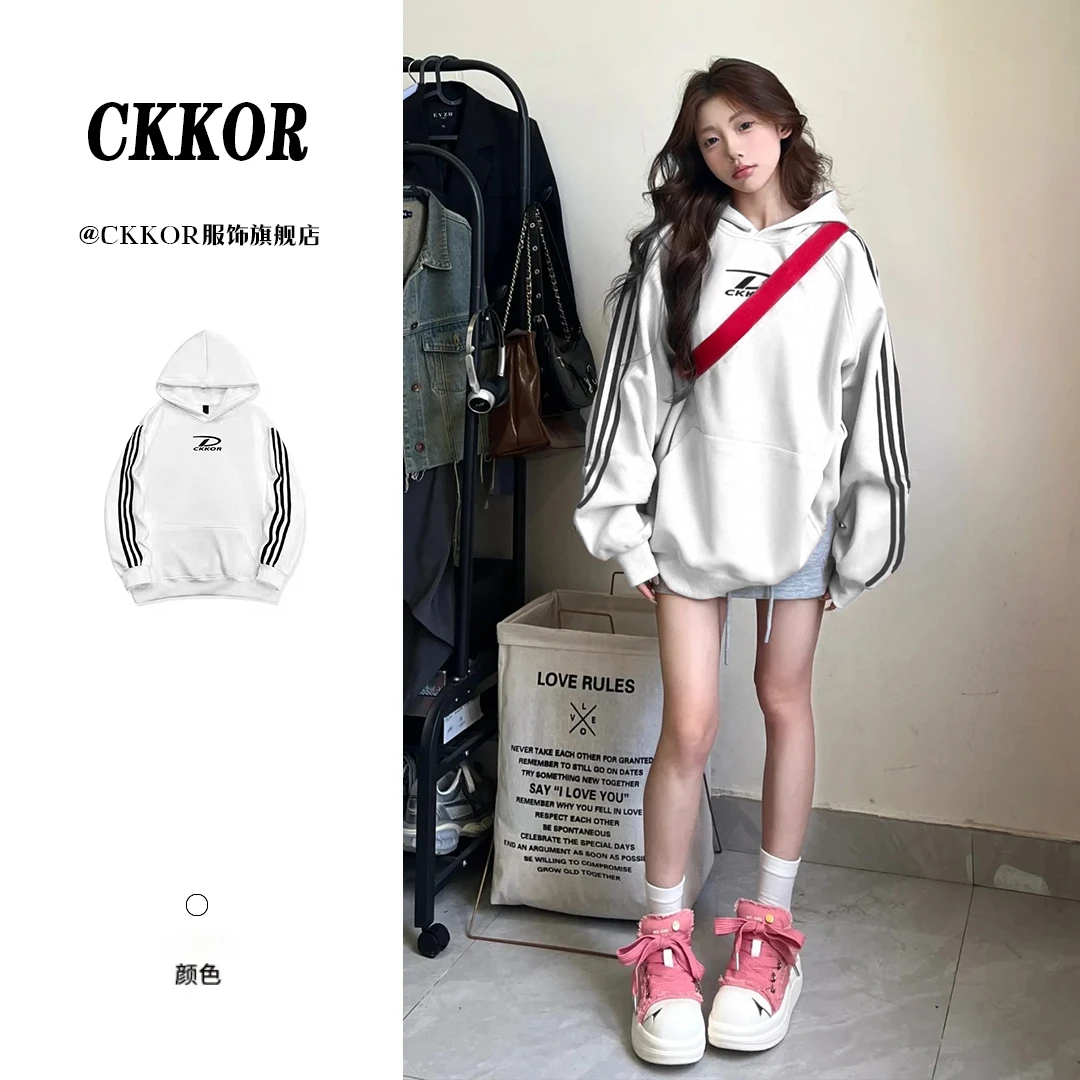 CKKOR美式三杠帽衫女上衣新款春秋时尚ins潮牌宽松显瘦连帽卫衣女