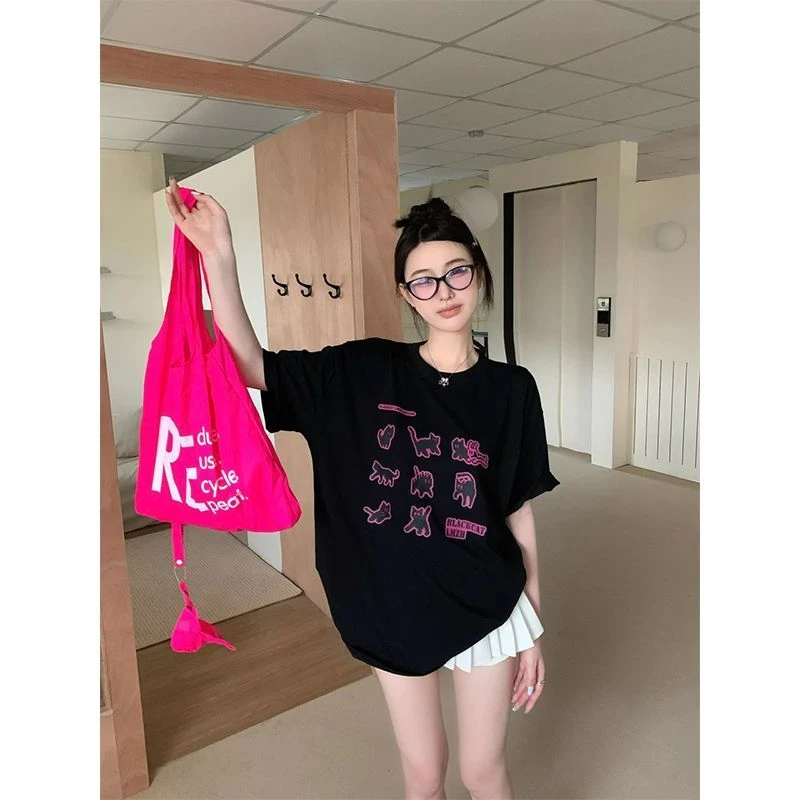 CKKOR赫本黑粉色印花圆领短袖t恤女夏季宽松小众学生休闲百搭上衣