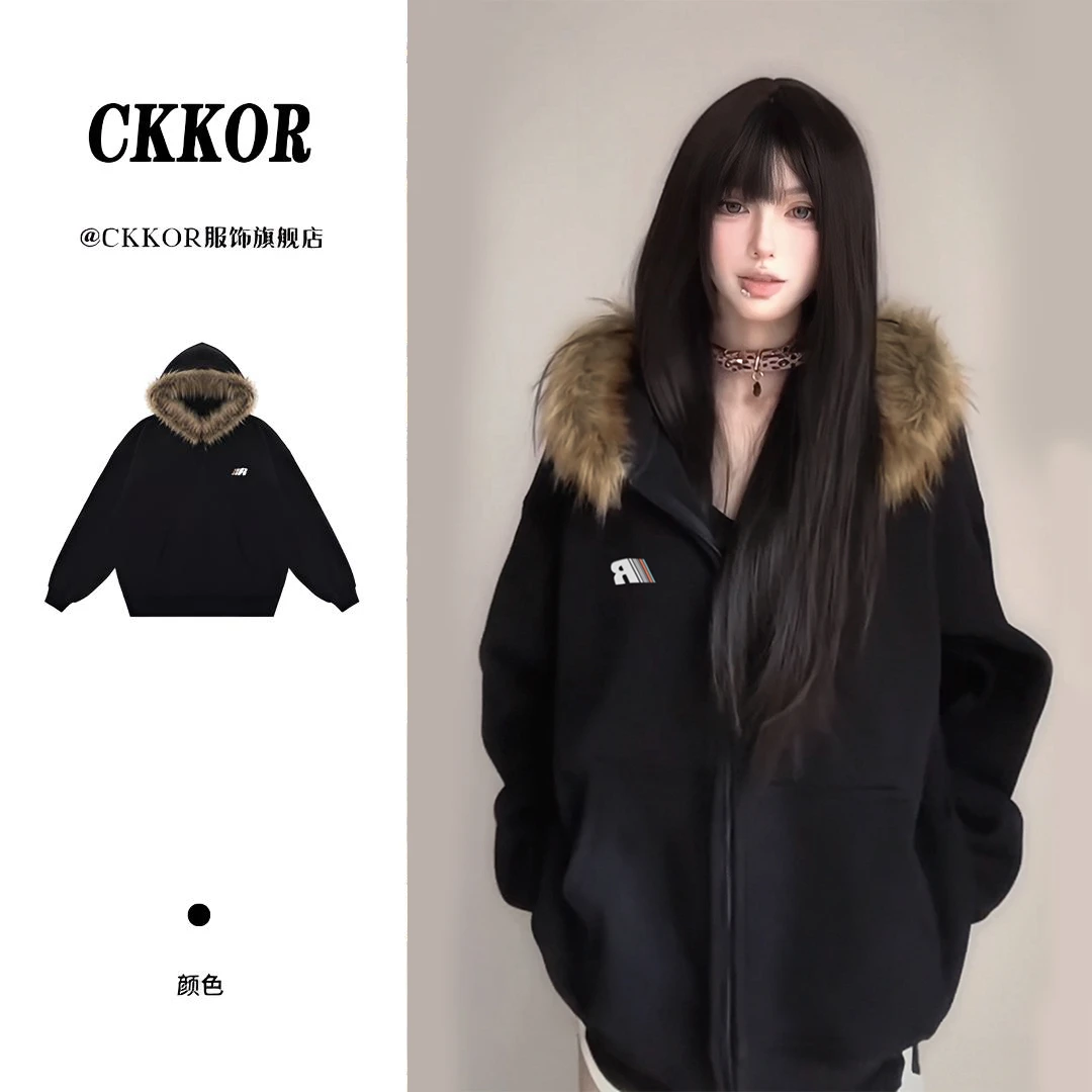 CKKOR美式复古连帽开衫卫衣女冬季加绒新款爆款保暖棉服毛领外套
