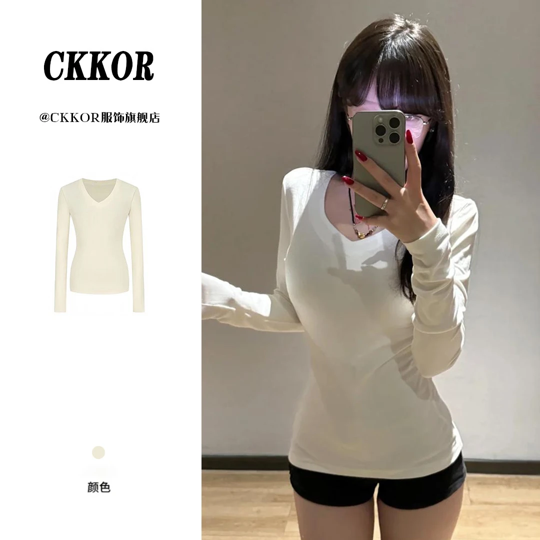CKKOR春秋新款保暖德绒正肩V领t恤打底衫女纯欲辣妹长袖修身内搭