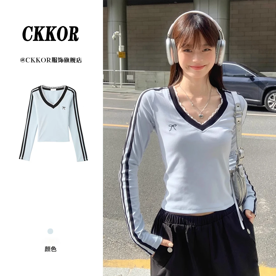 CKKOR美式三杠潮牌ins蕾丝V领设计感上衣秋季辣妹纯欲风长袖t恤女