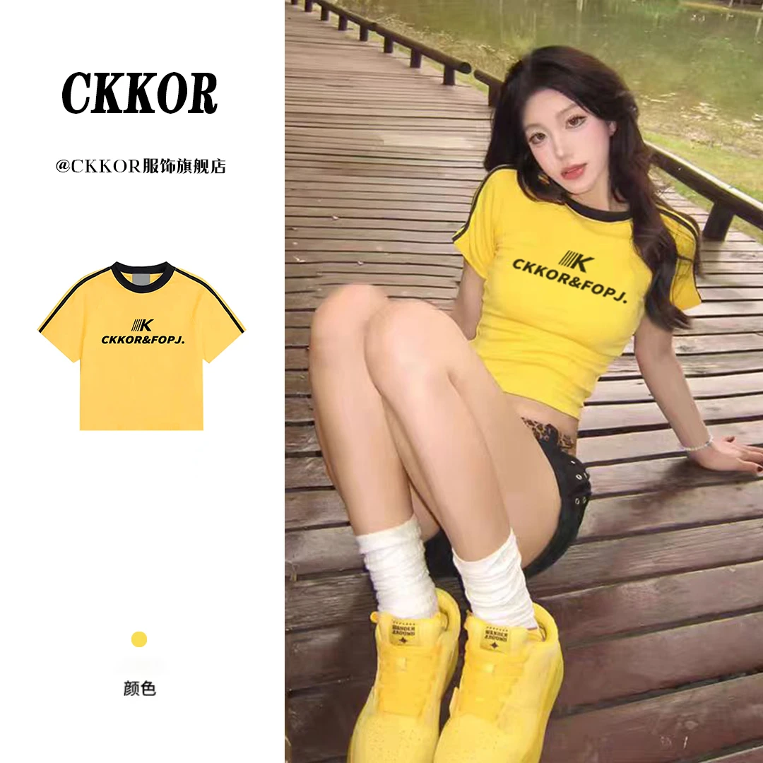 CKKOR夏季新款高腰显瘦辣妹短袖上衣潮牌印花亮黄色三杠短款t恤女