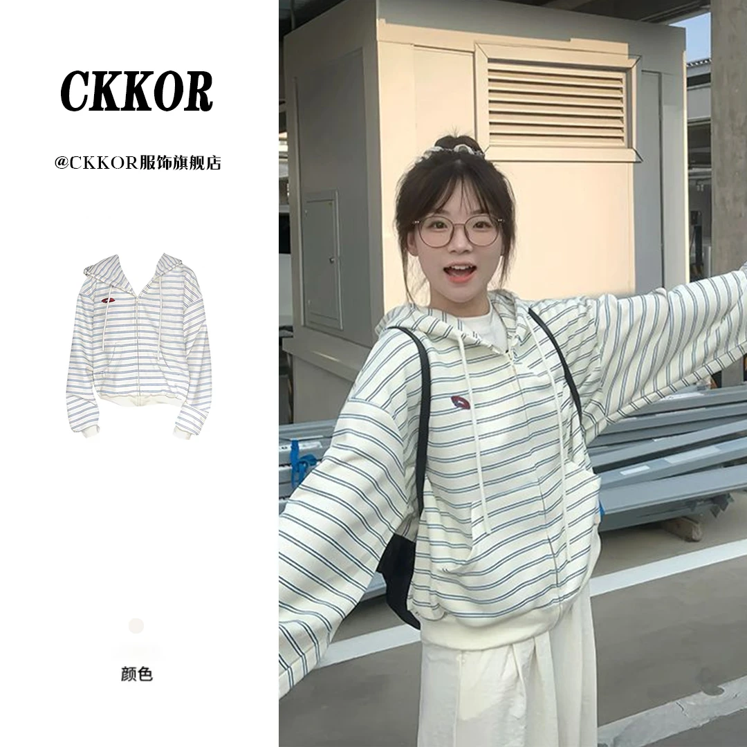 CKKOR美式复古条纹拉链开衫连帽卫衣女春秋新款ins慵懒风情侣外套