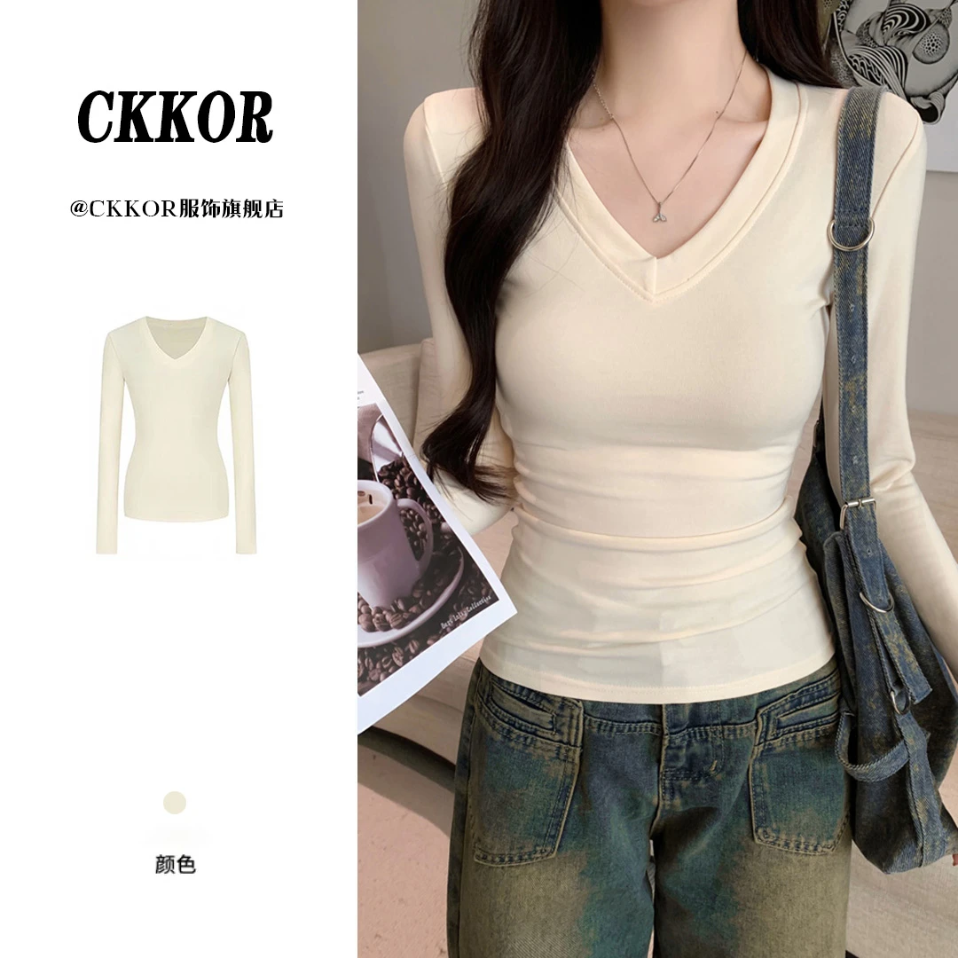 CKKOR春秋新款磨毛保暖德绒正肩长袖t恤女辣妹修身V领内搭打底衫