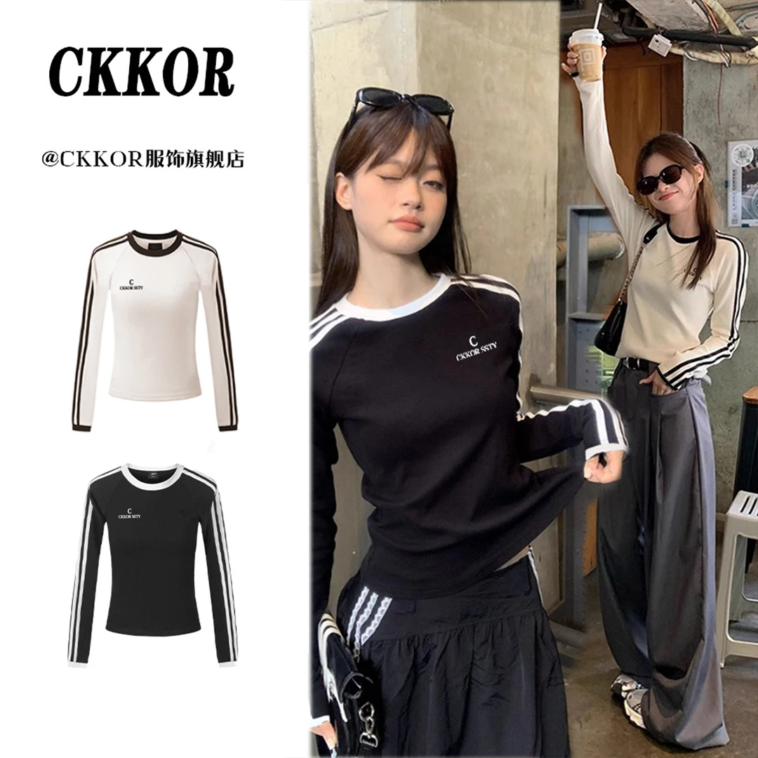 CKKOR秋季新款修身显瘦条纹长袖t恤女美式时尚印花辣妹风圆领上衣