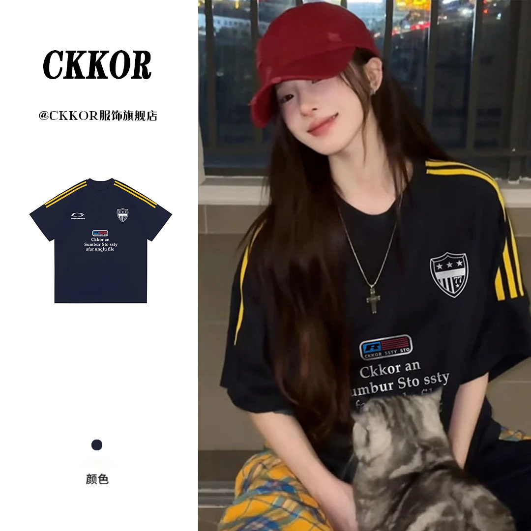 CKKOR美式时尚宽松慵懒风短袖t恤女夏季返潮复古运动风设计感上衣