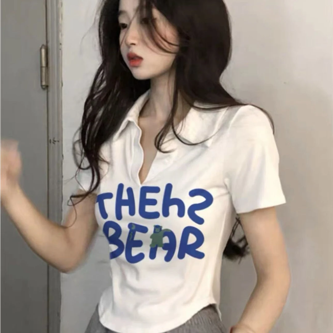 CKKOR美式POLO领短袖慵懒氛围设计感女小众修身别致上衣ins辣甜妹
