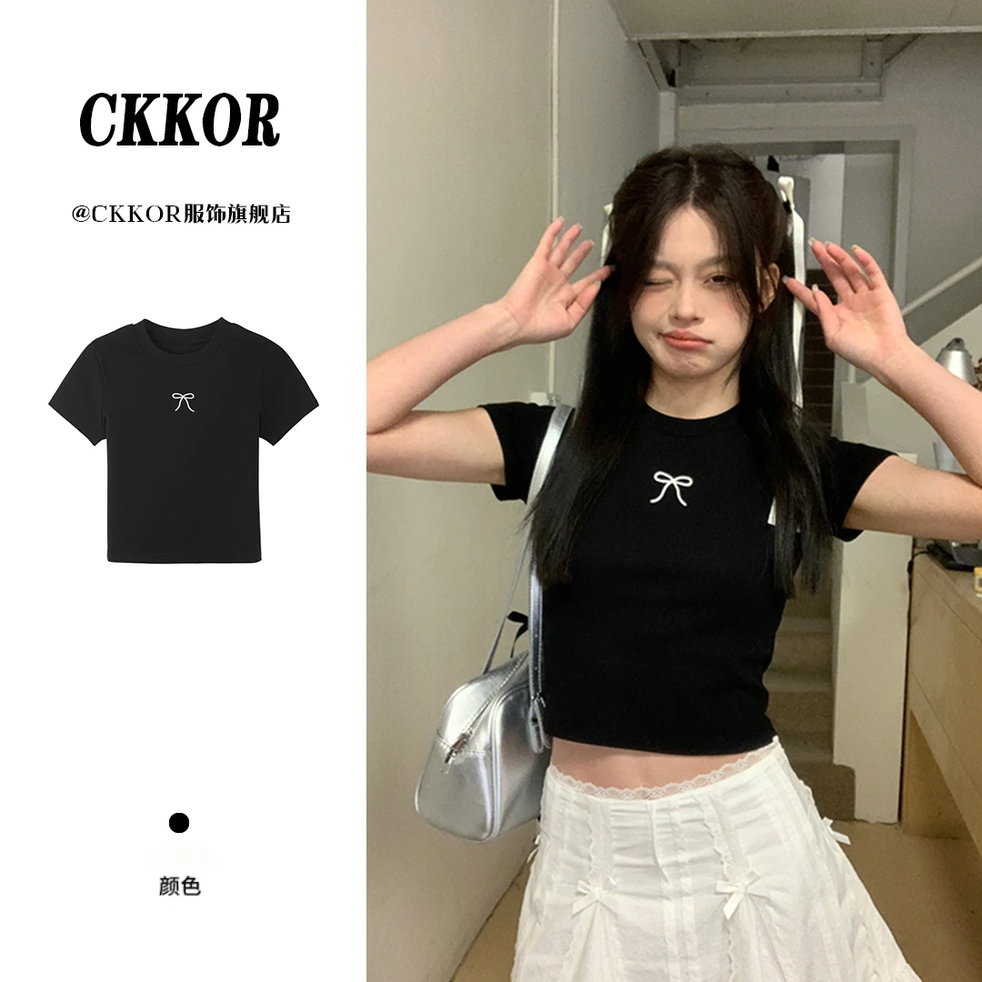 CKKOR夏新款时尚印花正肩短款短袖t恤女返潮复古高腰显瘦修身上衣