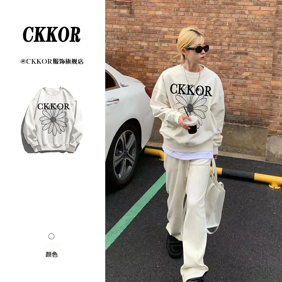 CKKOR美式时尚设计感潮牌圆领卫衣女ins春秋款宽松显瘦慵懒风上衣