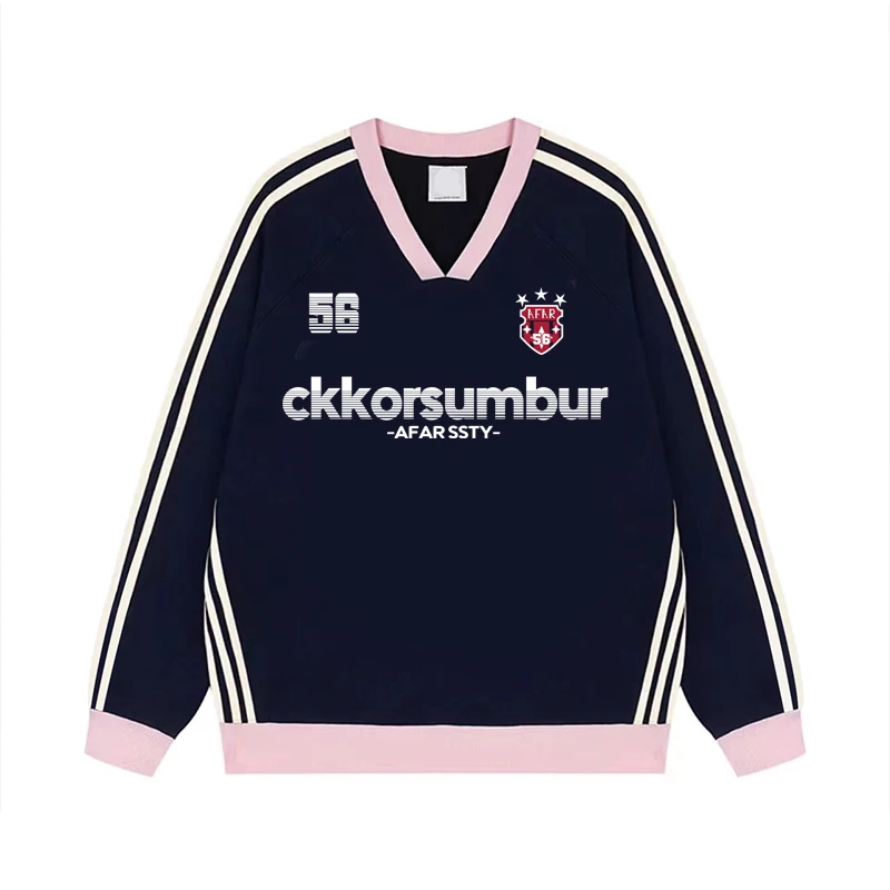 CKKOR春夏季美式休闲复古字母印花慵懒风V领上衣时尚设计感长袖女