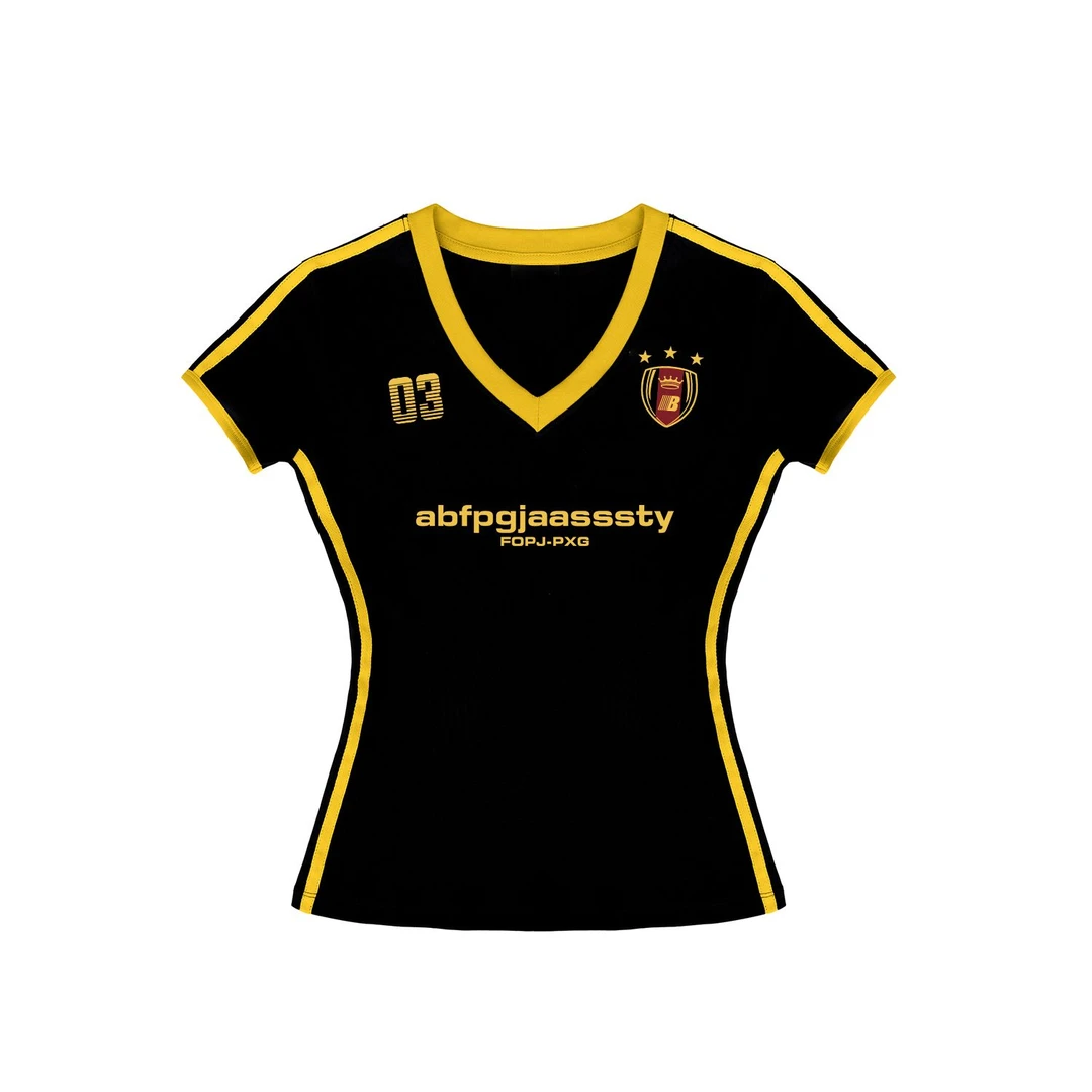 CKKOR夏季时尚球衣v领短袖t恤女美式印花收腰显瘦辣妹运动风上衣