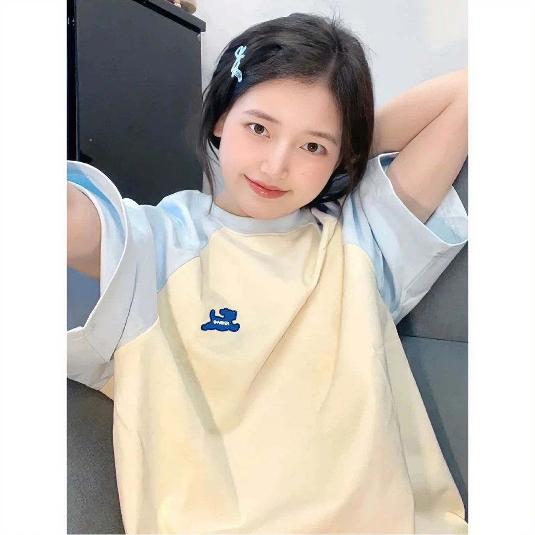 CKKOR拼色慵懒风春夏短袖t恤女宽松小众圆领2025新款百搭上衣女