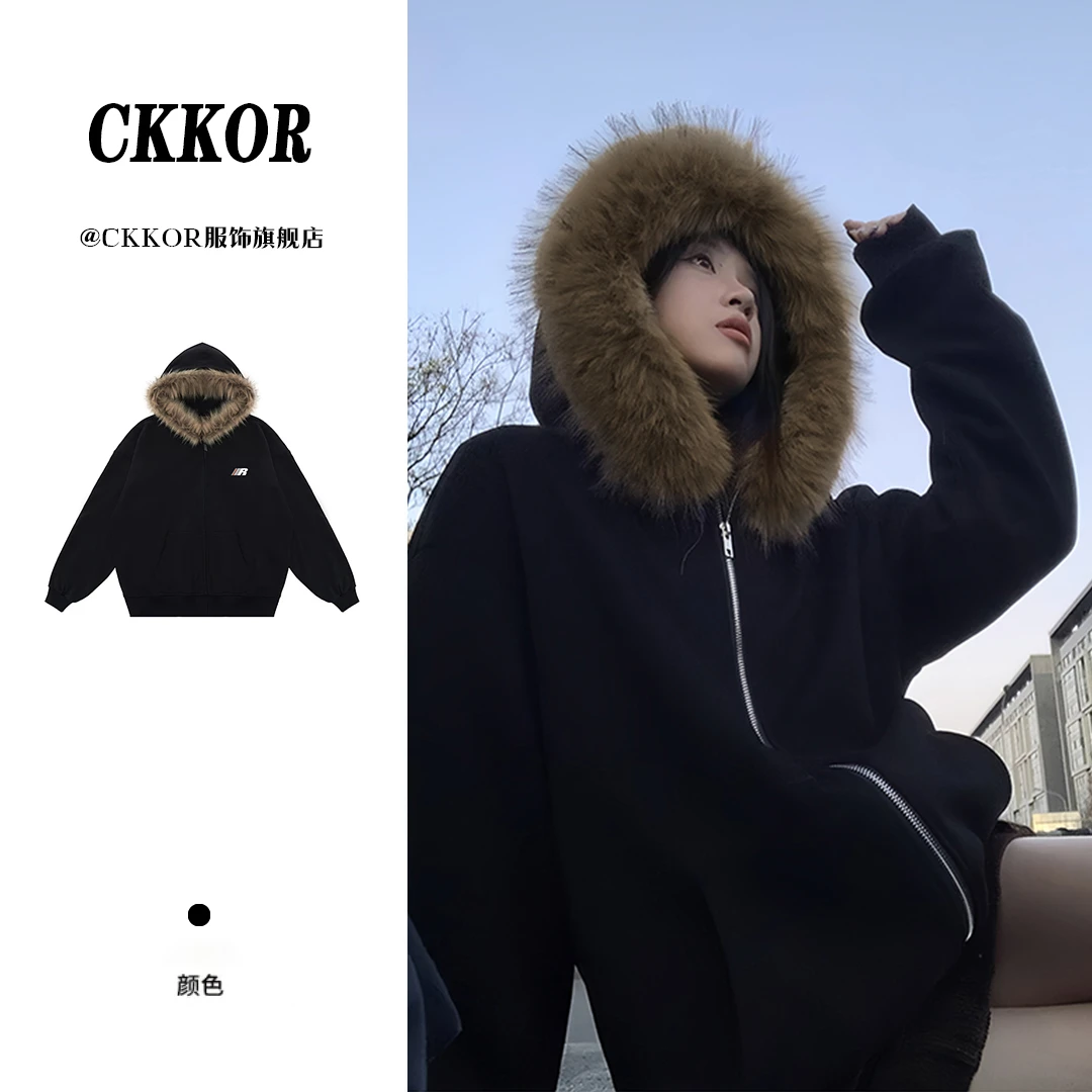 CKKOR春秋新款防寒保暖毛领棉服外套女宽松显瘦时尚洋气连帽卫衣
