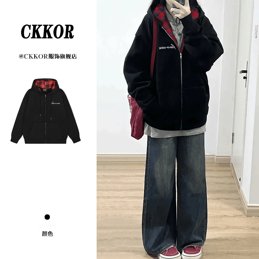CKKOR春秋加绒拉链卫衣外套女美式高街ins风潮牌女装格子连帽上衣