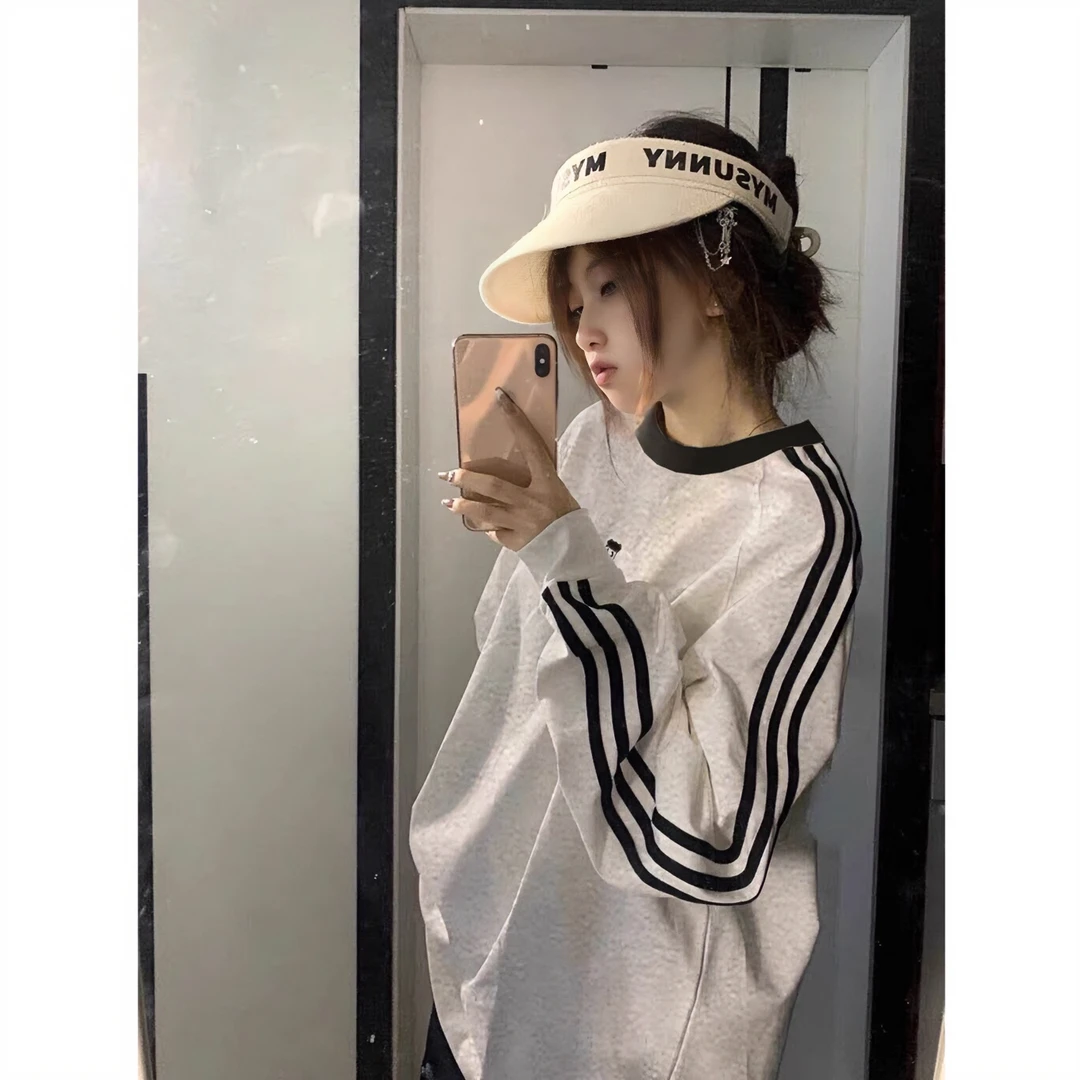 潮牌三条杠字母圆领卫衣加绒加厚女防寒百搭宽松慵懒风卫衣春秋季