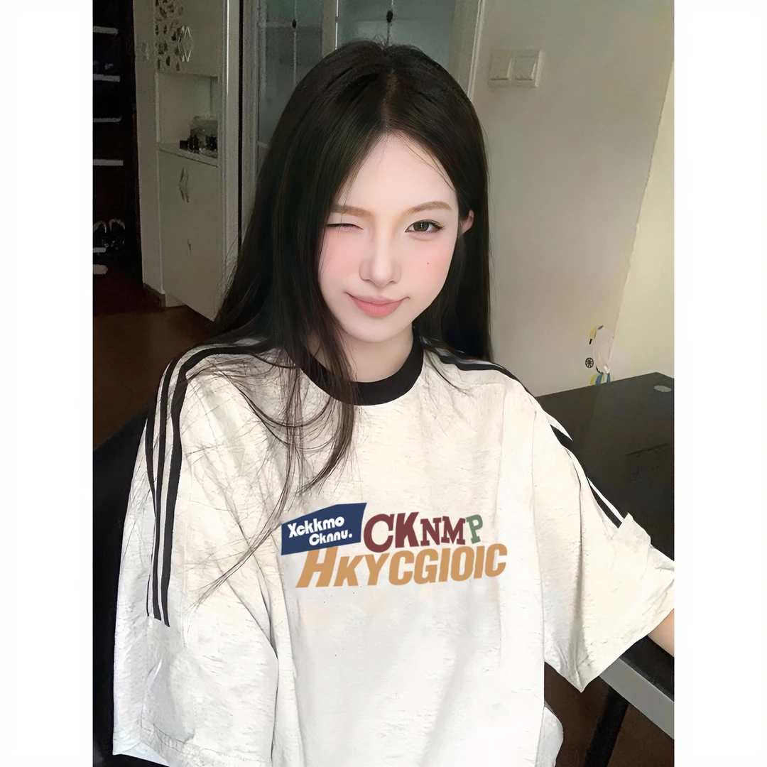 CKKOR设计感字母印花三条杠短袖女美式小众宽松ins韩版春夏季圆领