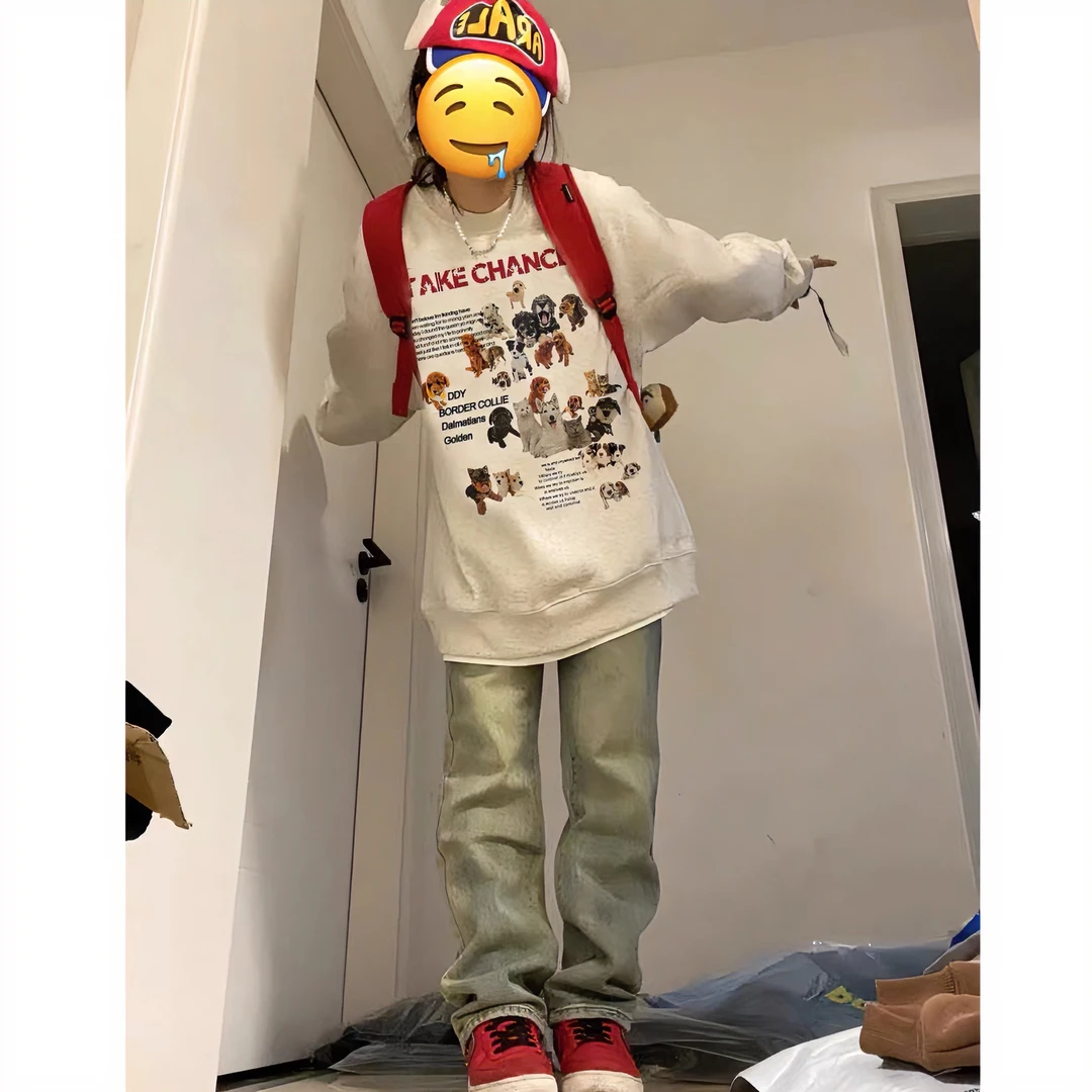 CKKORhiphop国潮牌修狗印花春秋薄款卫衣女宽松oversize小众上衣