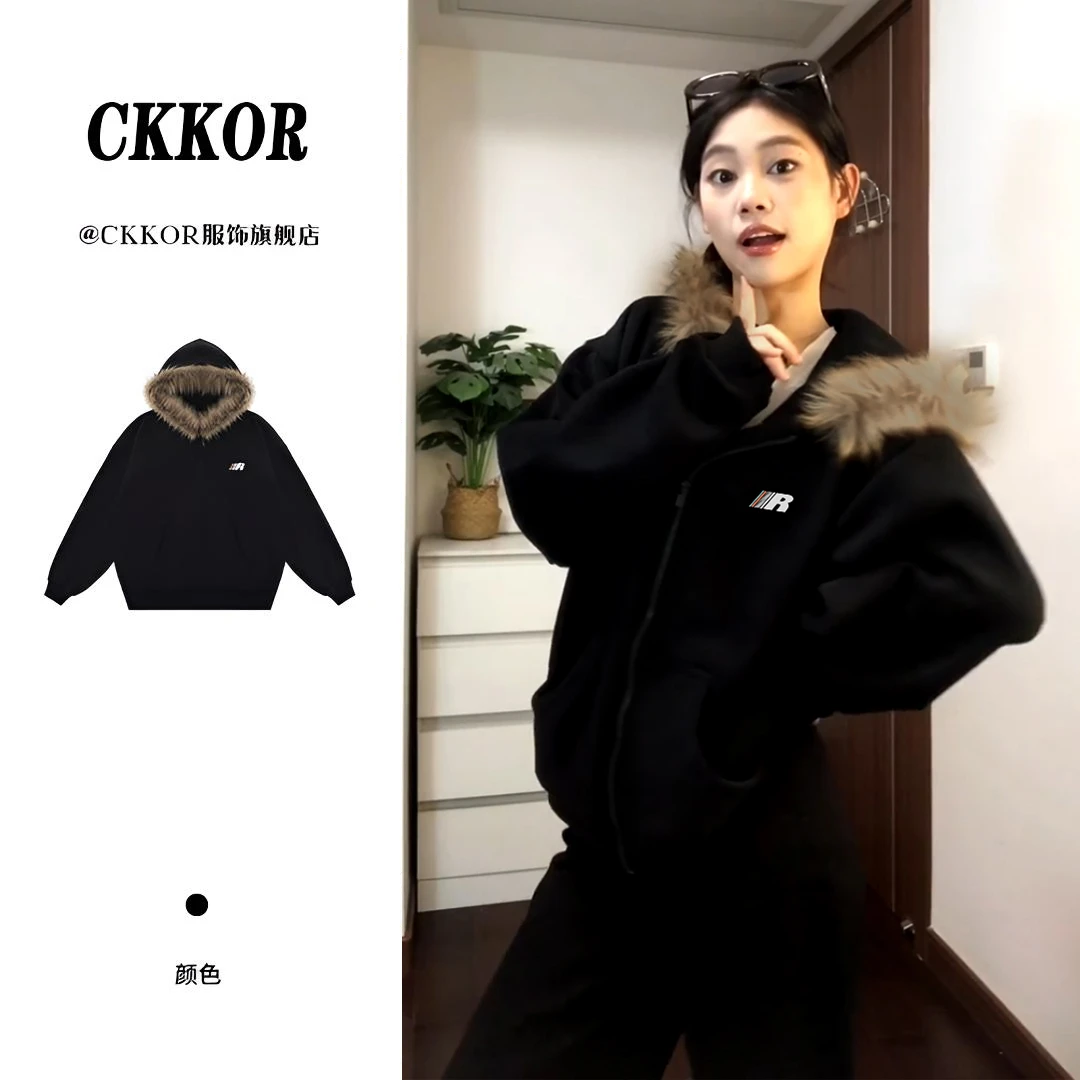 CKKOR春秋新款加绒加厚毛领棉服外套女复古潮流时尚设计保暖上衣