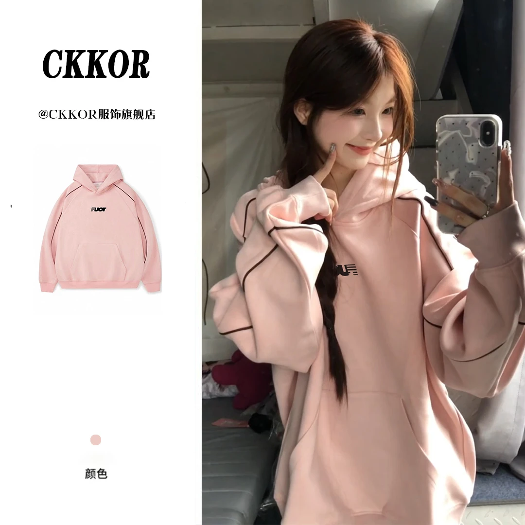 CKKOR秋冬加绒时尚印花粉色连帽卫衣女韩系少女风ins潮牌长袖上衣