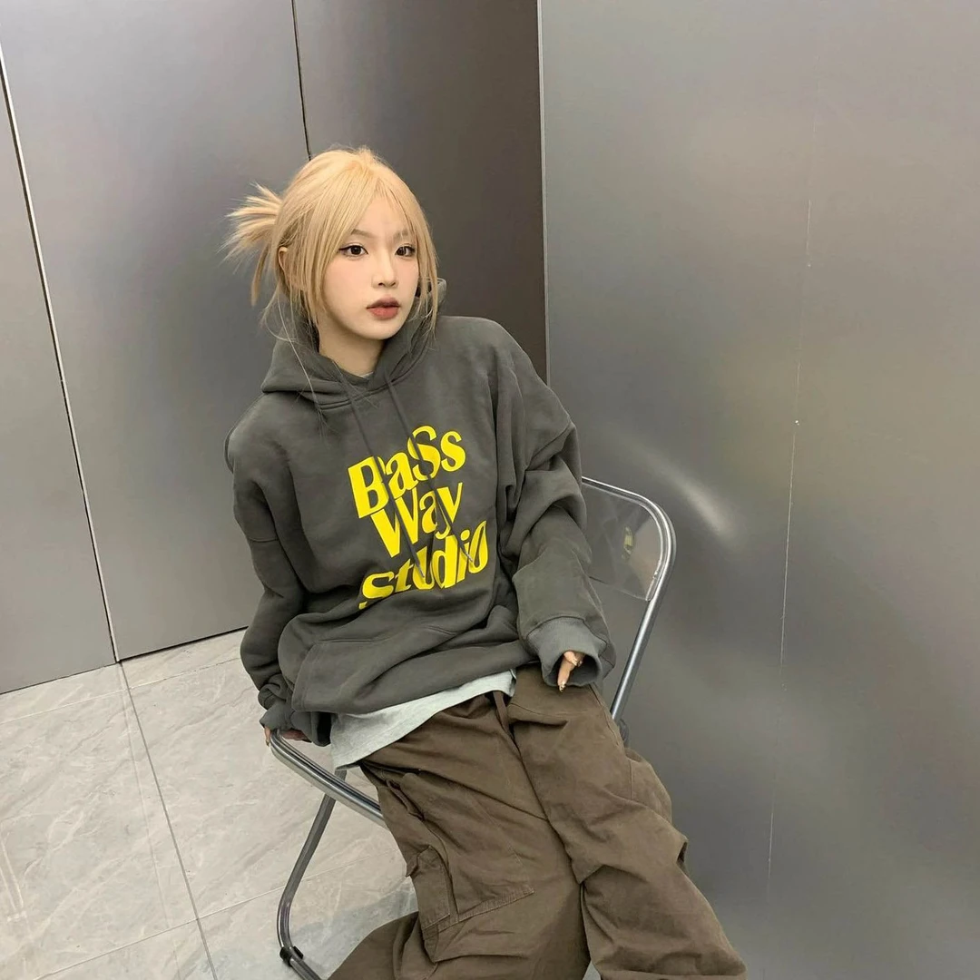 CKKOR美式潮牌深灰色含棉2025春秋款连帽卫衣女宽松情侣款慵懒风