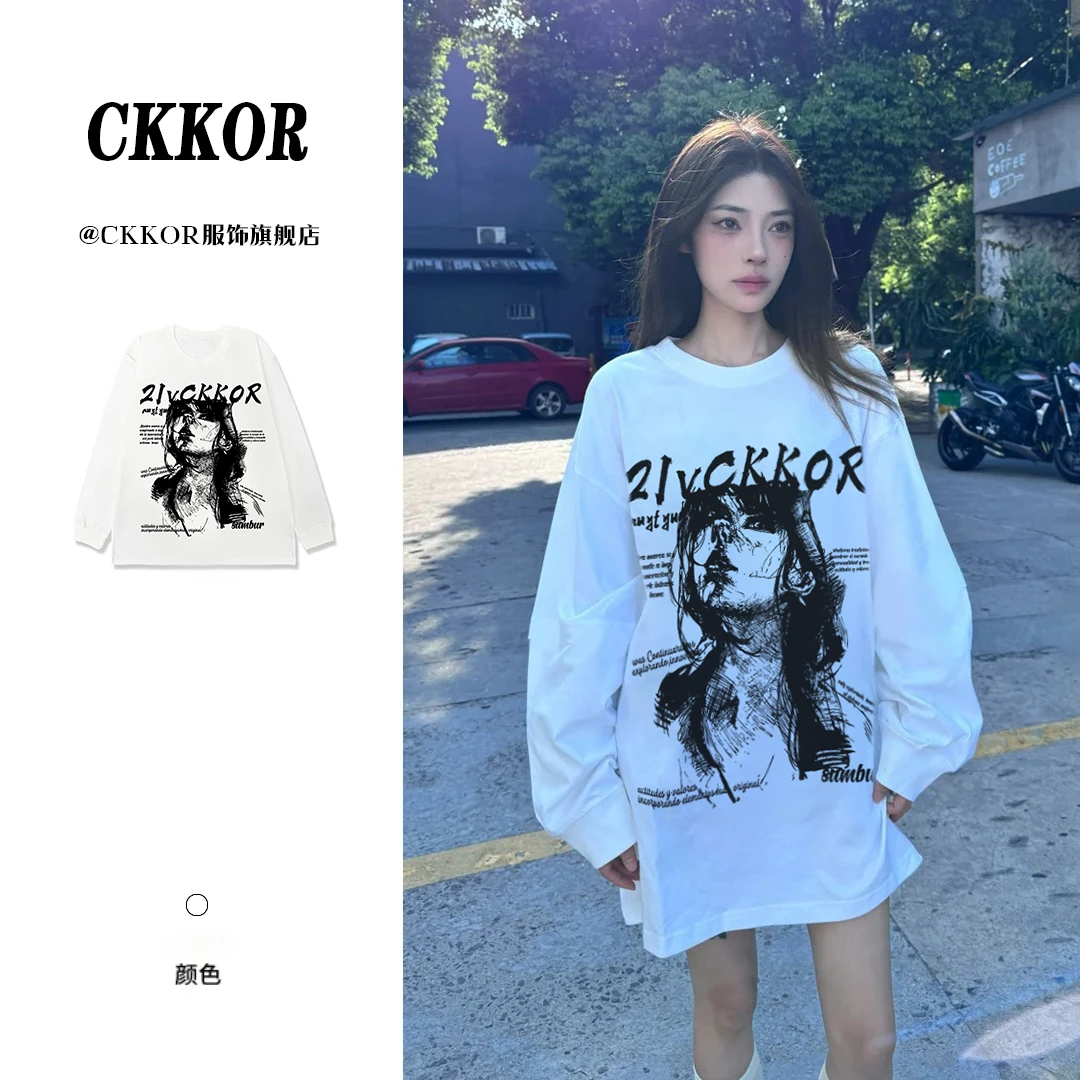 CKKOR美式时尚印花休闲圆领t恤女秋新款返潮复古宽松显瘦长袖上衣