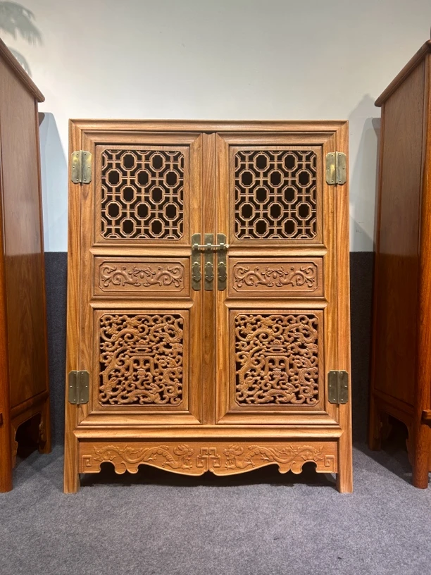 新中式红木螭龙纹透格柜雕花储物柜复古家用置物柜