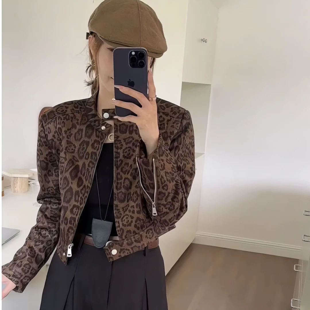 欧货豹纹短款外套女2024秋季新款复古宽松廓形夹克气质感小众上衣