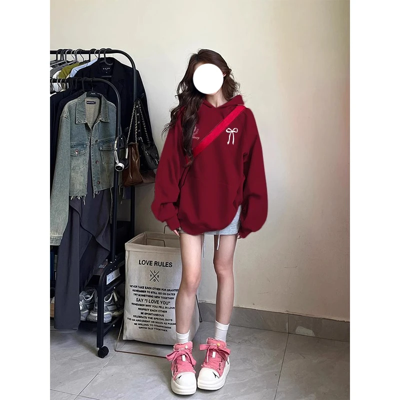 酒红色慵懒风连帽卫衣女秋冬加绒加厚宽松百搭设计感oversize上衣